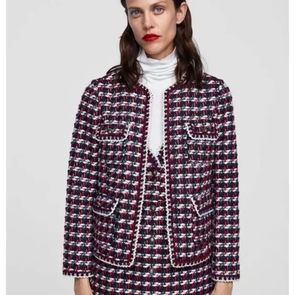 Zara Women's Navy/Red Textured Tweed Blazer Jacket Gold Trim- Size XS - Picture 1 of 16